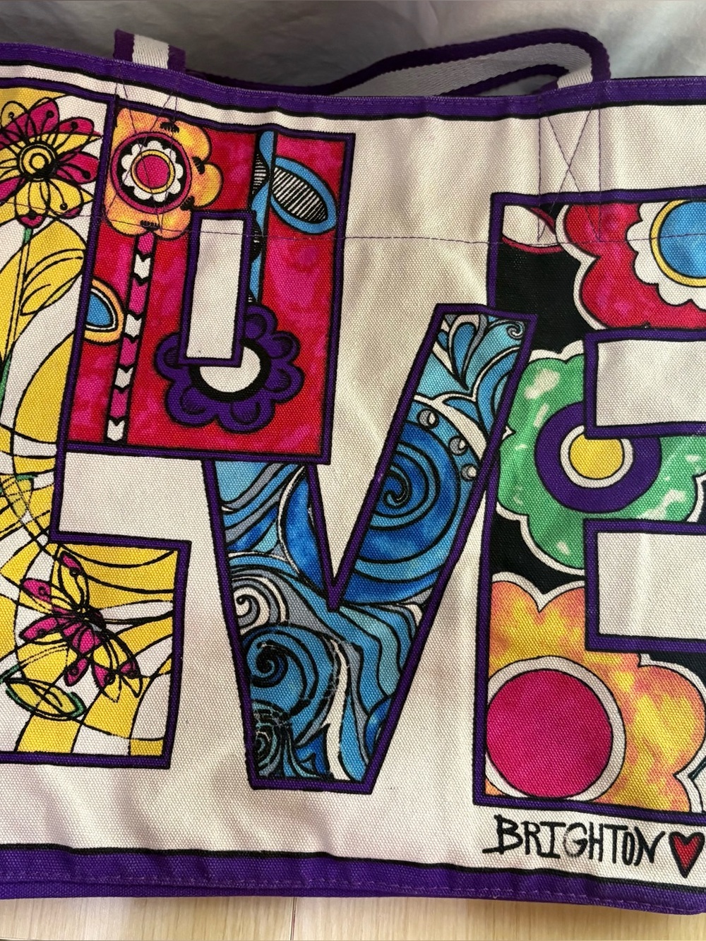 Brighton Multicolor 'LOVE' Canvas Tote with Purple Trim